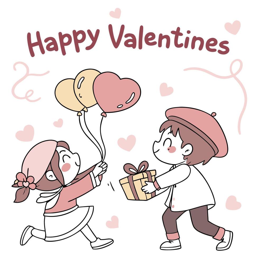 valentine's day card with boy and girl holding balloons vector