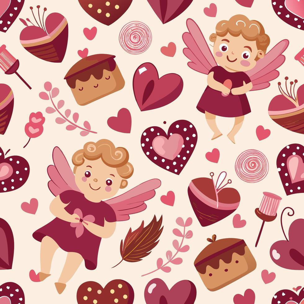 seamless valentine's day pattern with cute cupid and hearts vector