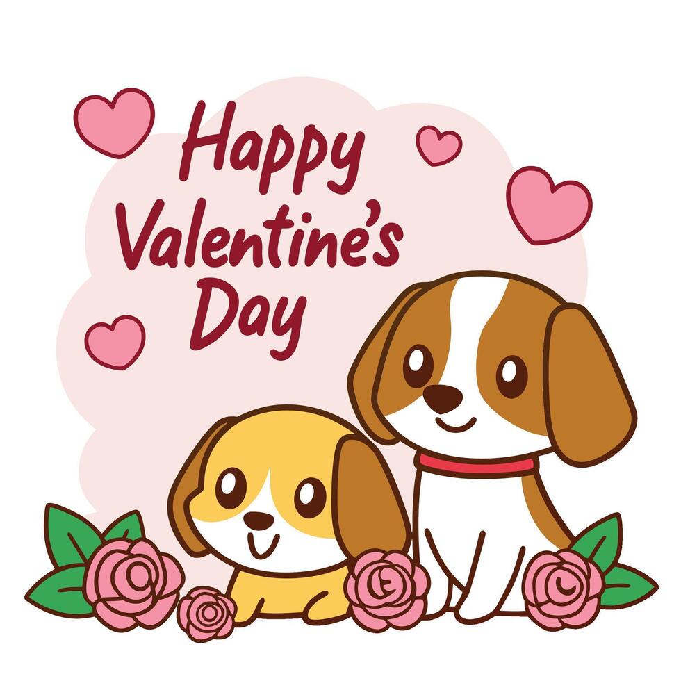 two cute dogs are sitting in front of a heart with the words happy valentine's day vector