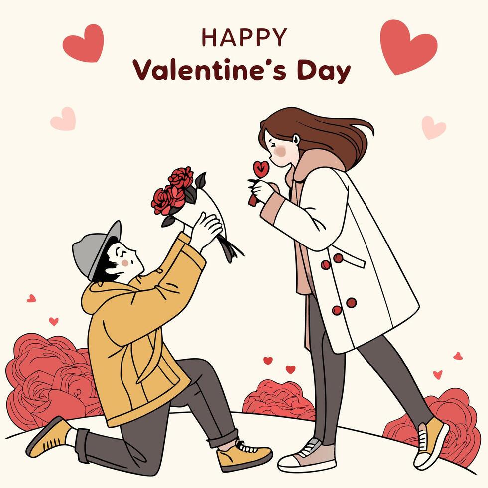 happy valentine's day card with man kneeling to give flowers to woman vector