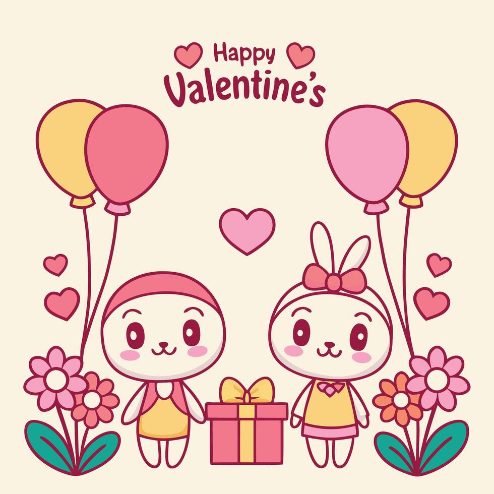 two cute bunny characters holding a gift box and balloons vector
