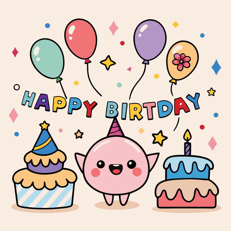 happy birthday card with cute cartoon pig and cake vector