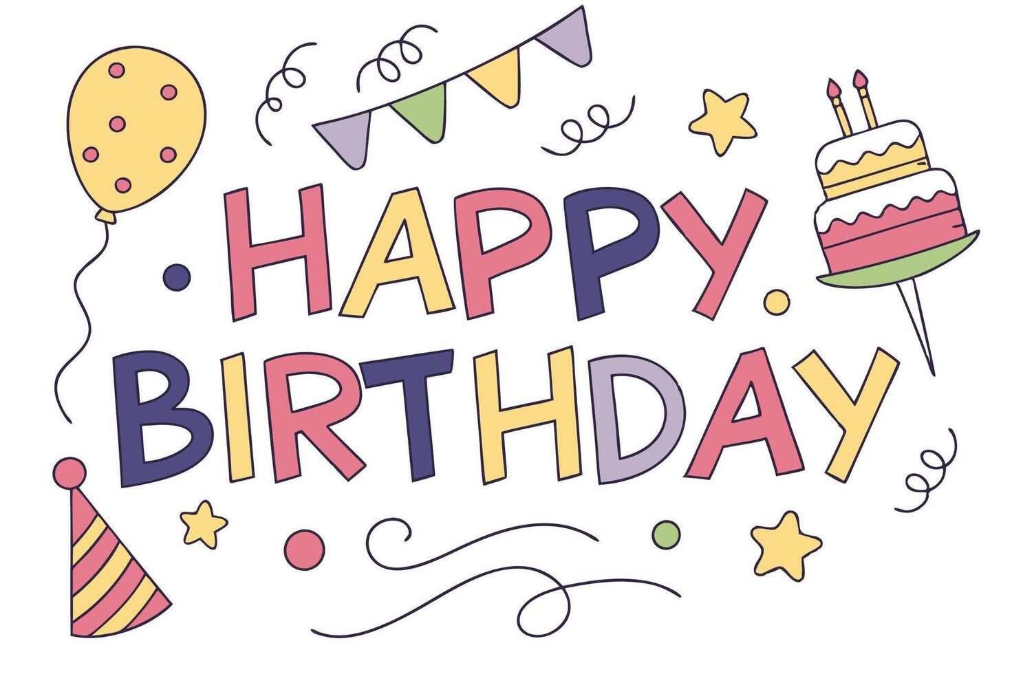 birthday card with colorful balloons and cake vector