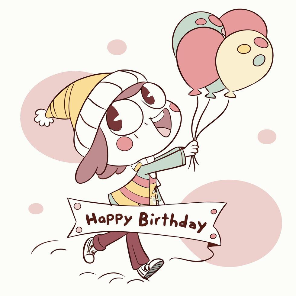 a cartoon character holding balloons and a happy birthday banner vector