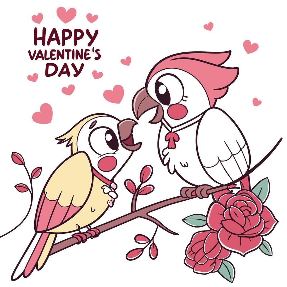 two birds are sitting on a branch with roses and hearts vector