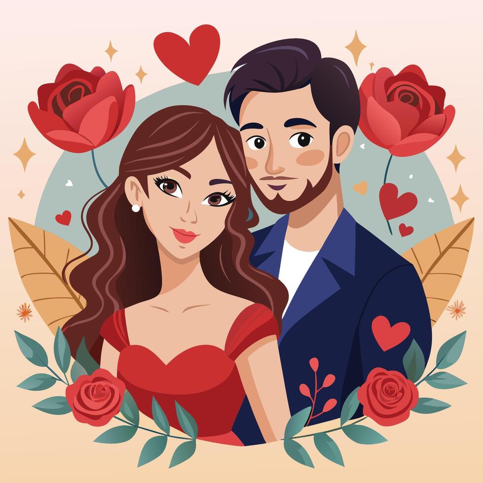 couple portrait with roses background vector
