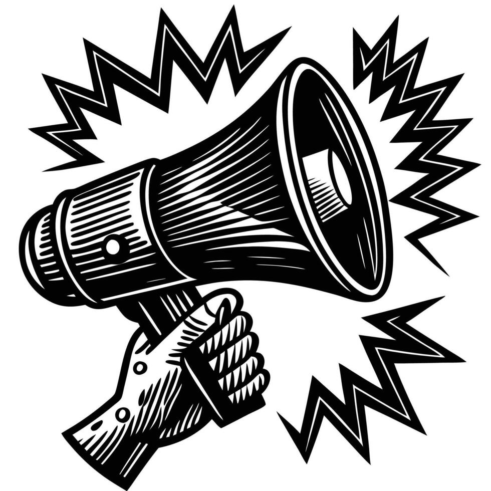 a hand holding a megaphone in a woodcut style vector