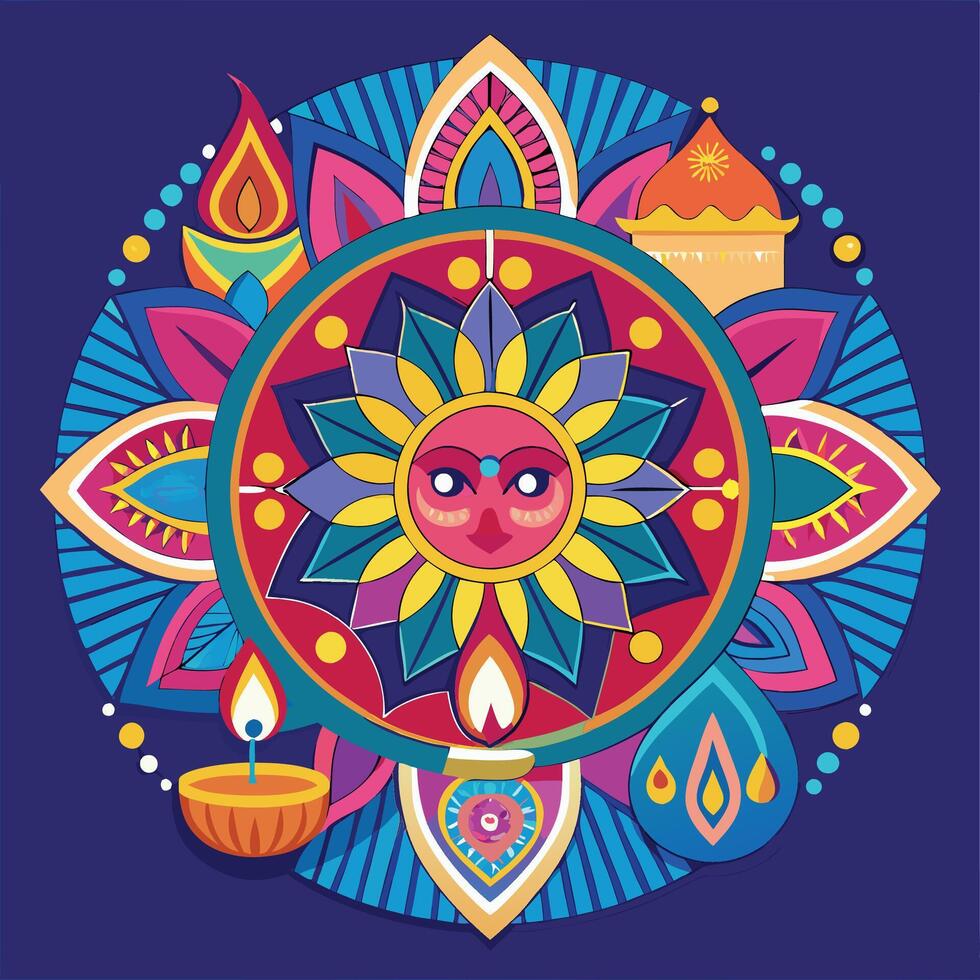 a colorful indian design with a sun and candles vector