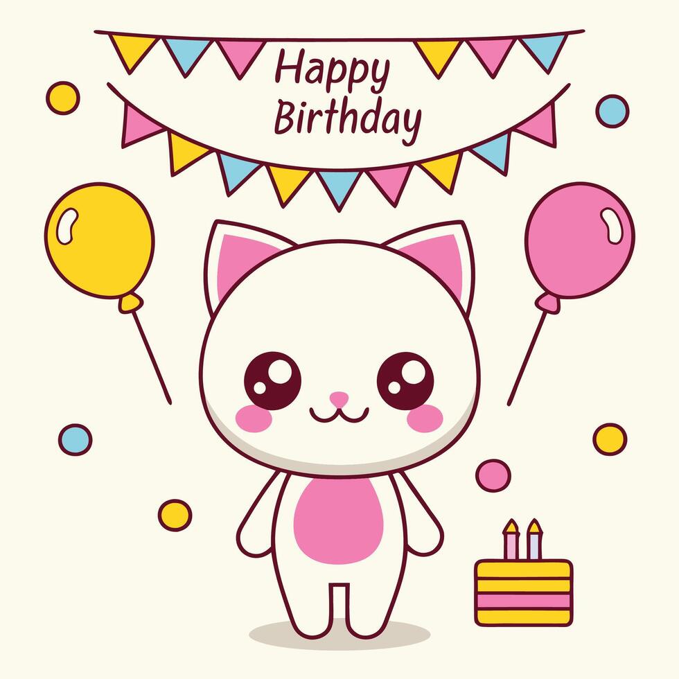 happy birthday card with cute kawaii catillustration vector