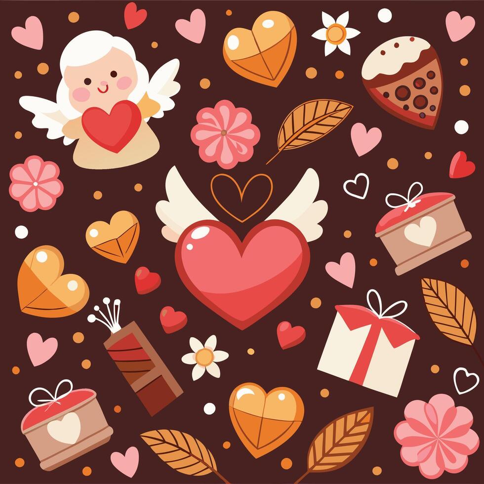 valentine's day background with cupid, hearts, and other items vector