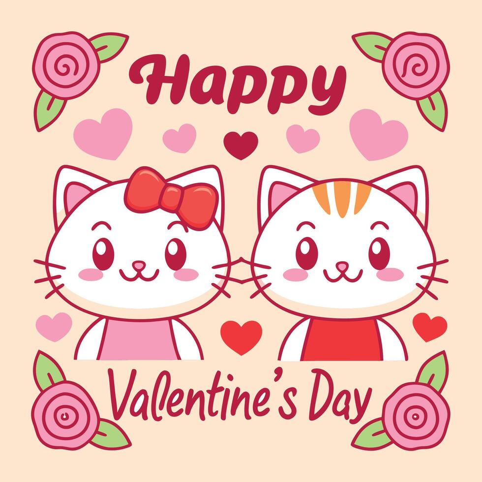 two cute cartoon cats with hearts and flowers on a pink background vector