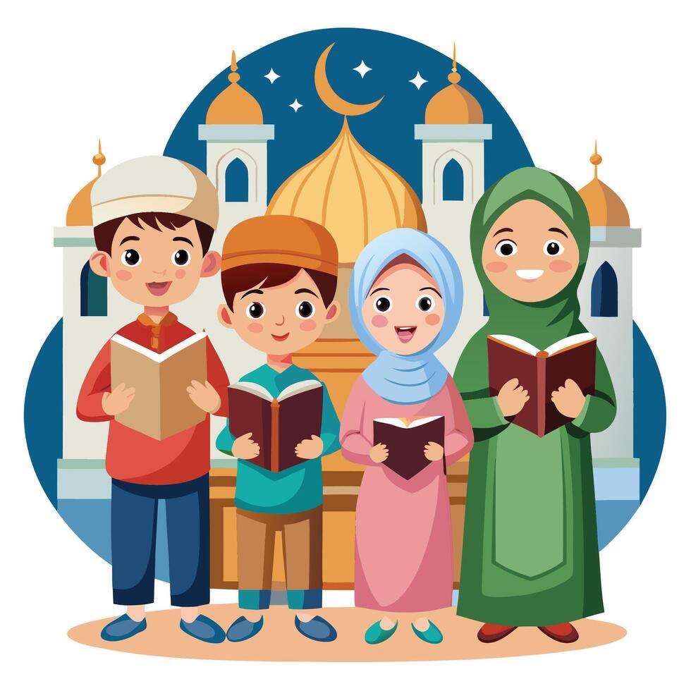 muslim children reading quran in front of mosque vector