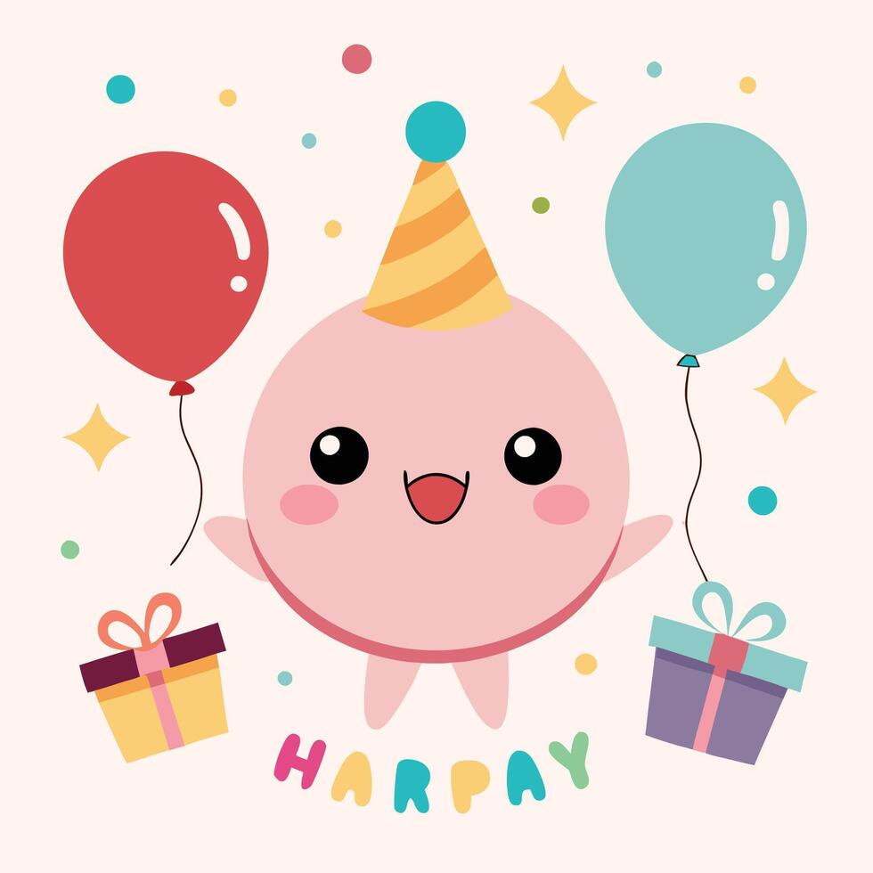 happy birthday card with cute pink monster vector