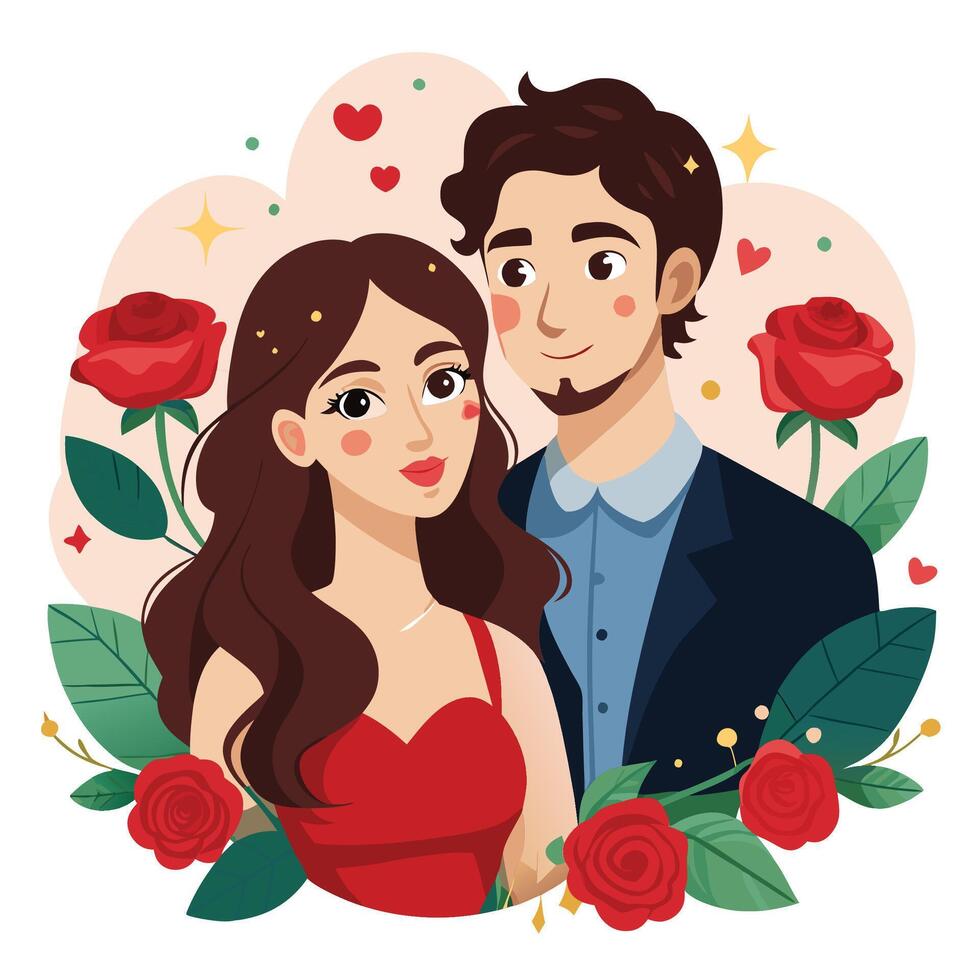cartoon couple with roses and hearts vector