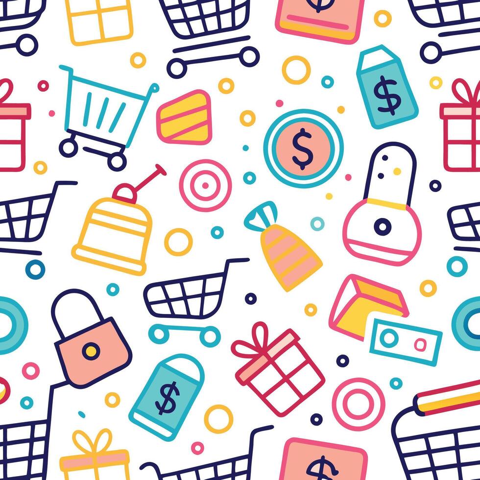 shopping seamless pattern with colorful icons, vector