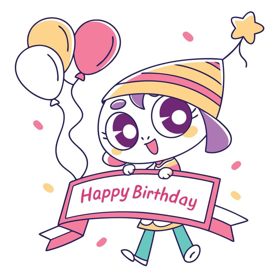 happy birthday card with cute cartoon girl holding a banner vector