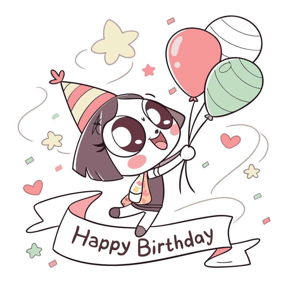 happy birthday kawaii girl with balloons vector