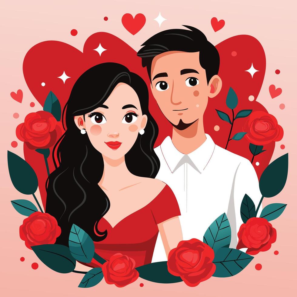 valentine's couple portrait with roses and hearts vector