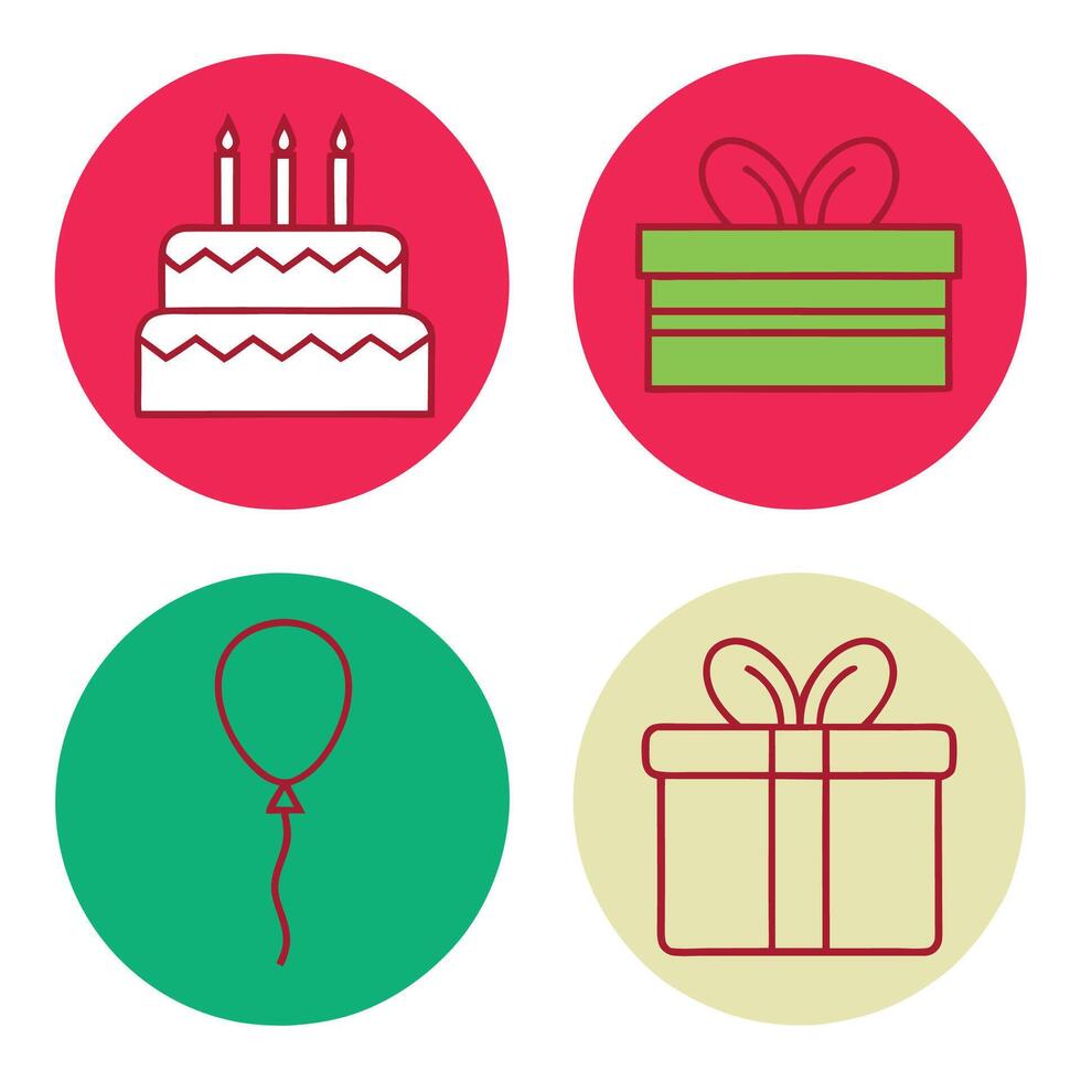 four different icons of a birthday cake, gift box and balloon vector