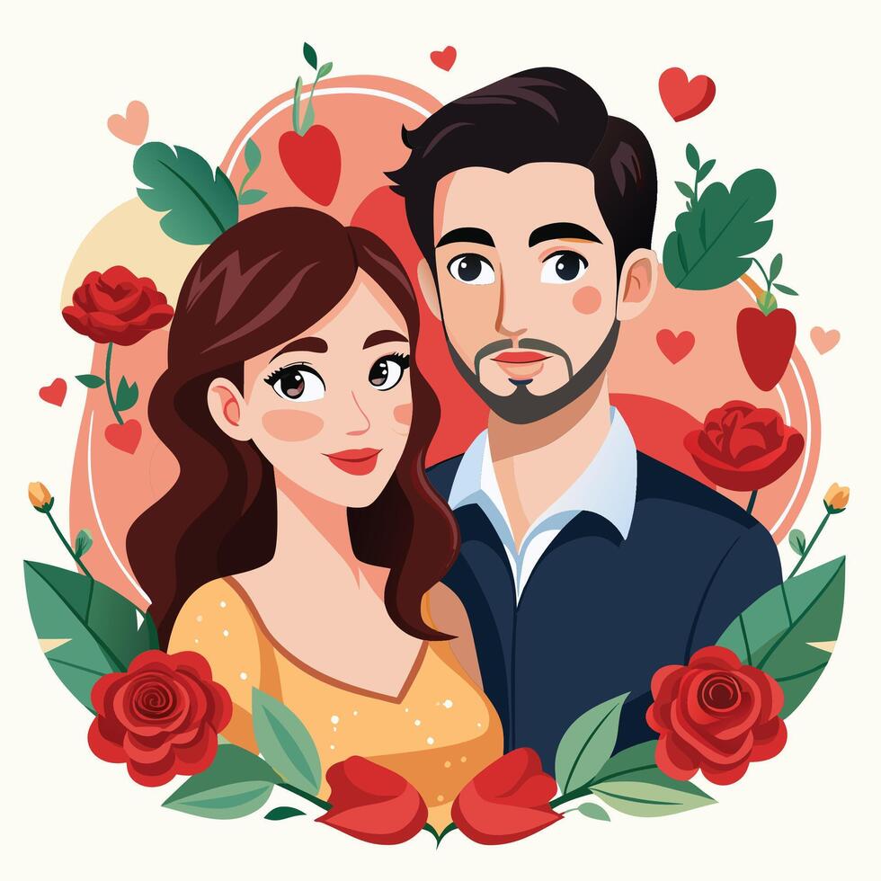 couple portrait with flowers and hearts vector