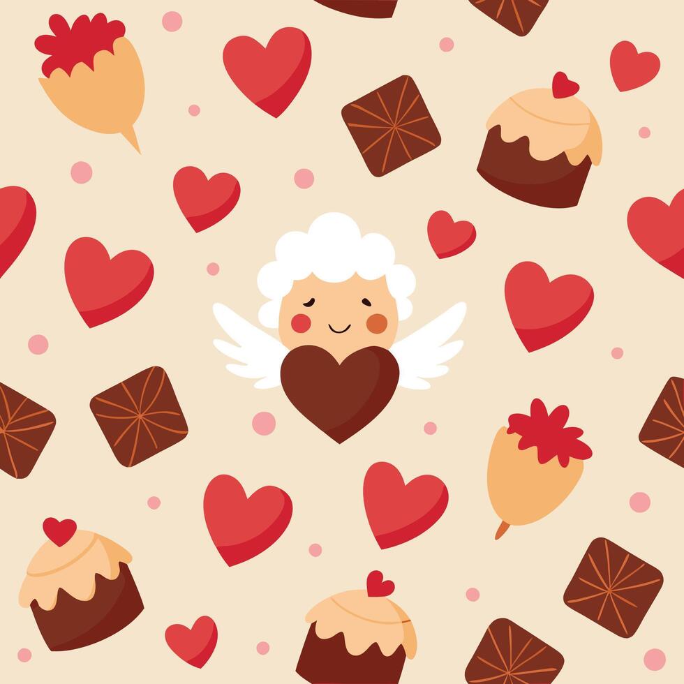 valentine's day seamless pattern with cupcakes, hearts and angel vector