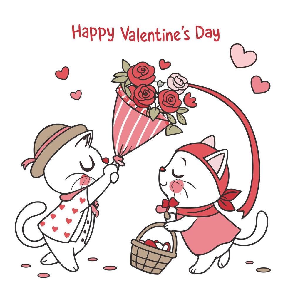 two cute cats are holding with flowers and a heart vector