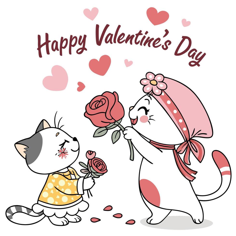 two cute cats are giving each other roses on valentine's day vector