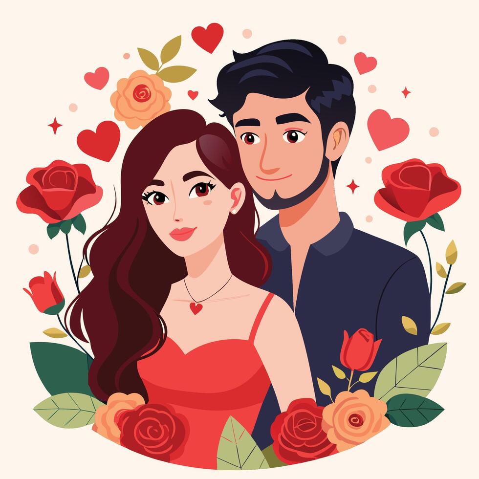happy valentine's couple with flowers and hearts illustration vector