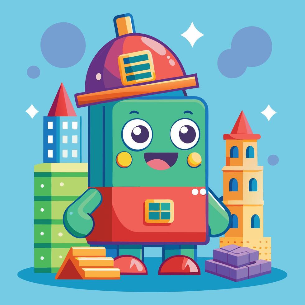 cute robot with toy blocks and city background vector