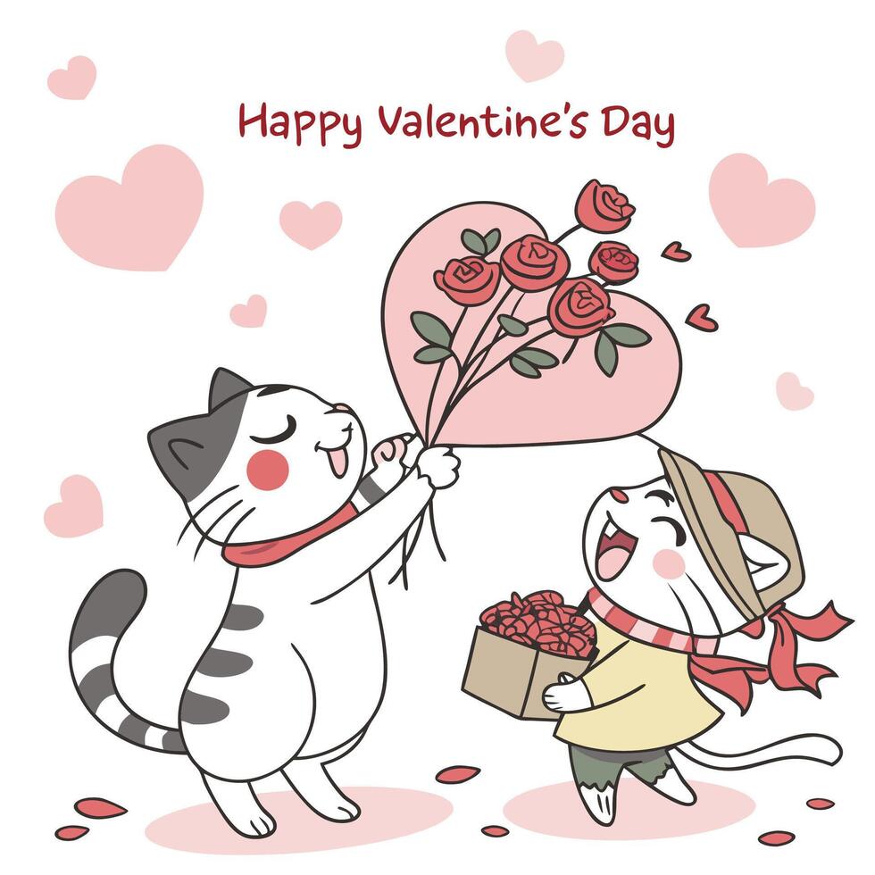 two cute cats are giving valentine's day flowers vector