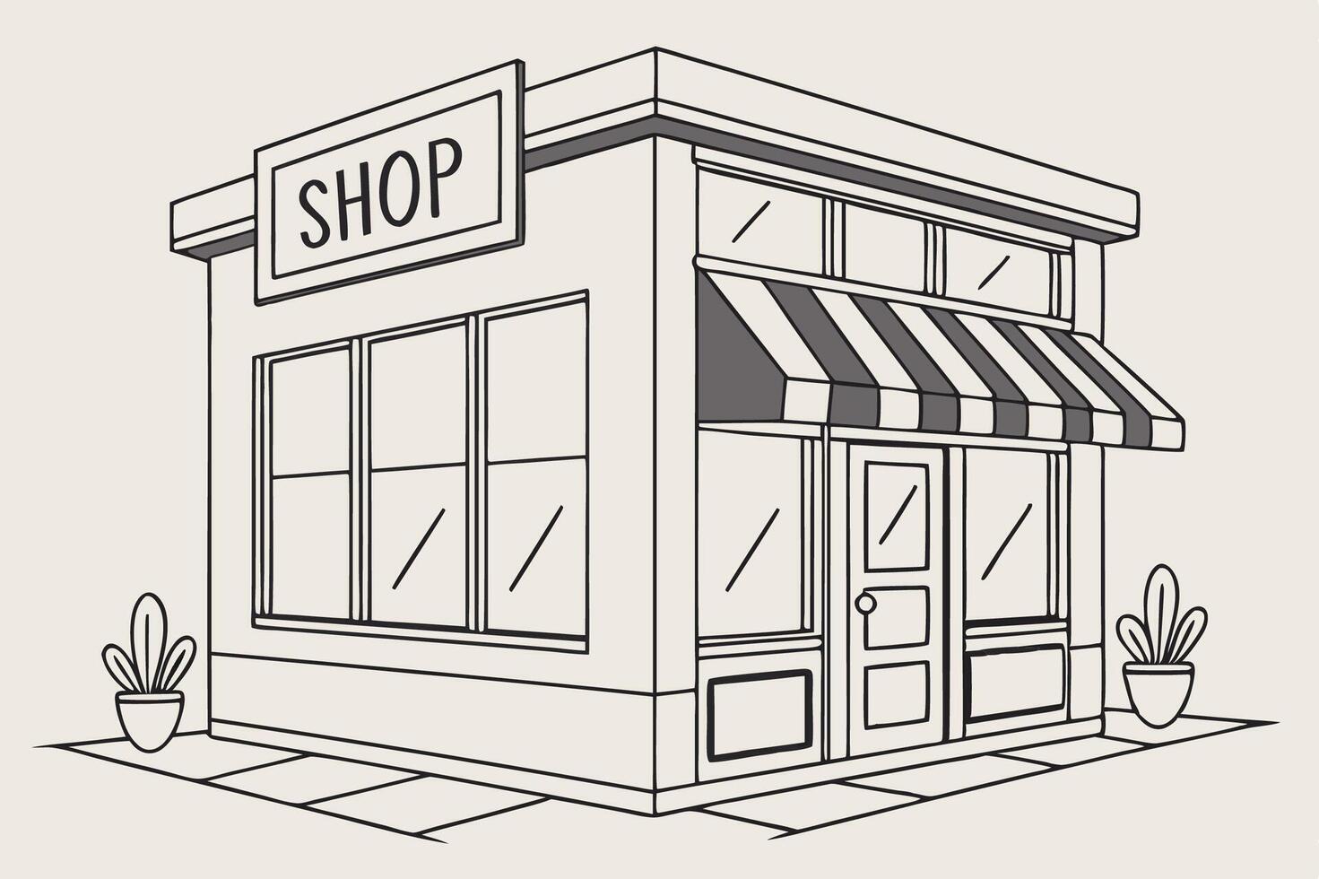 a black and white drawing of a shop front vector