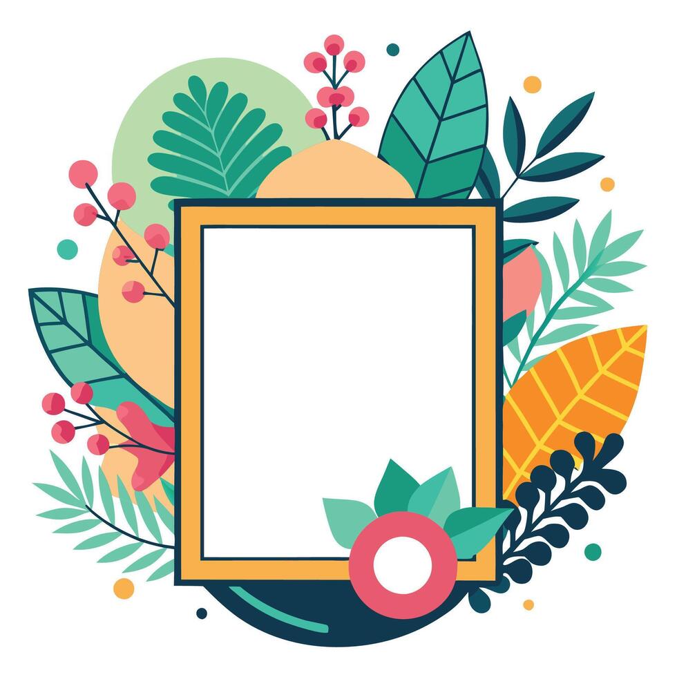 a colorful frame surrounded by flowers and leaves vector