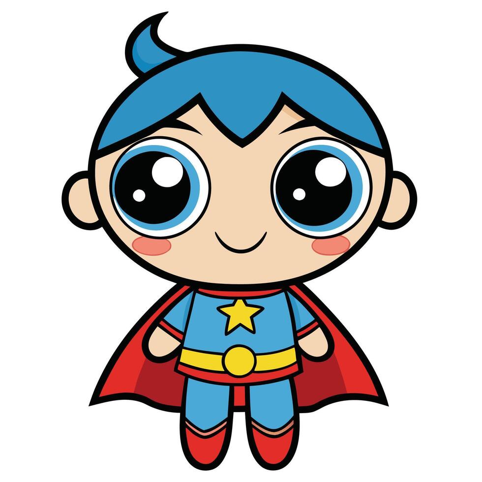 cartoon boy in blue and red cape with big eyes vector