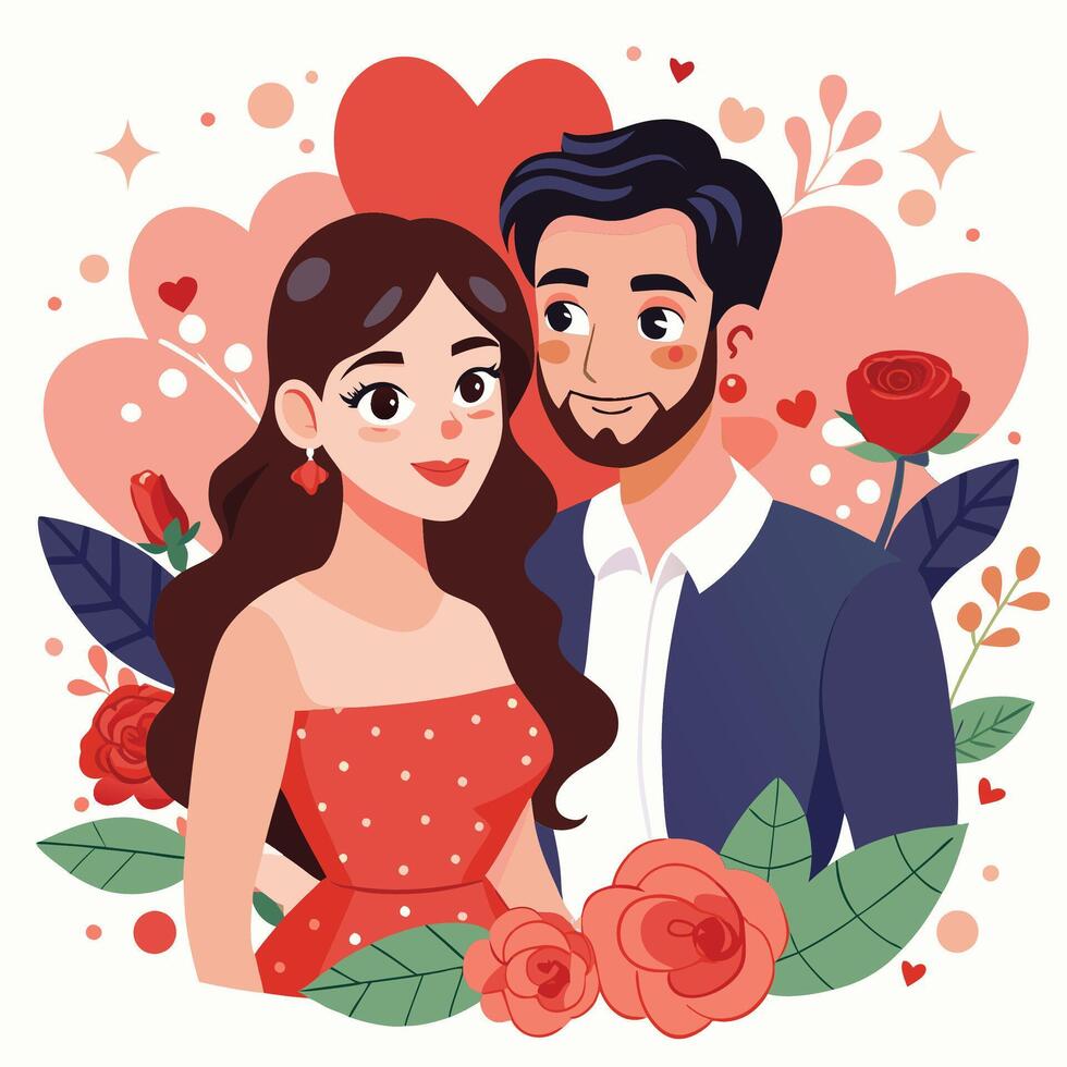 couple with flowers and hearts on valentine's day vector