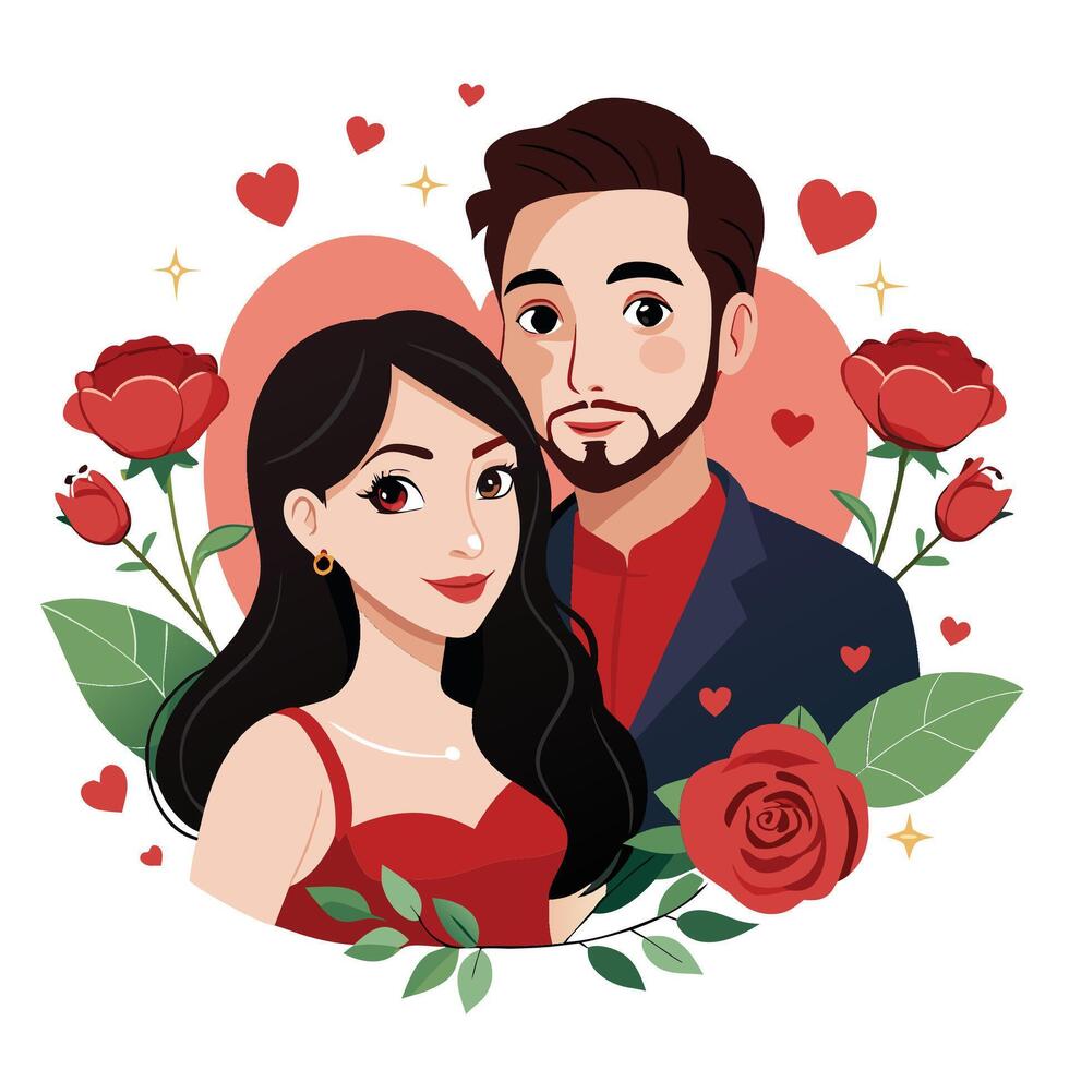 couple portrait with roses and hearts vector