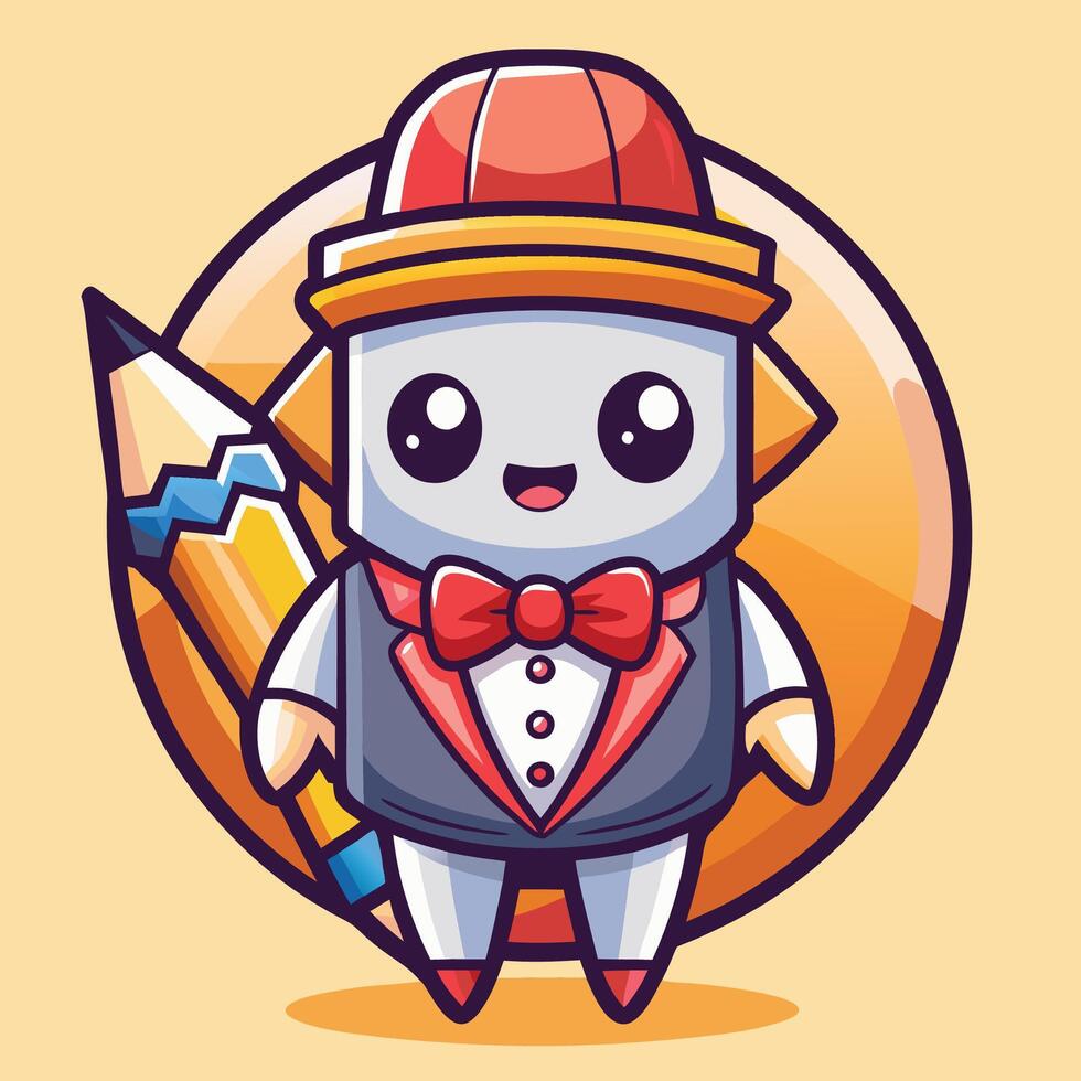a cartoon robot with a bow tie and a pencil vector