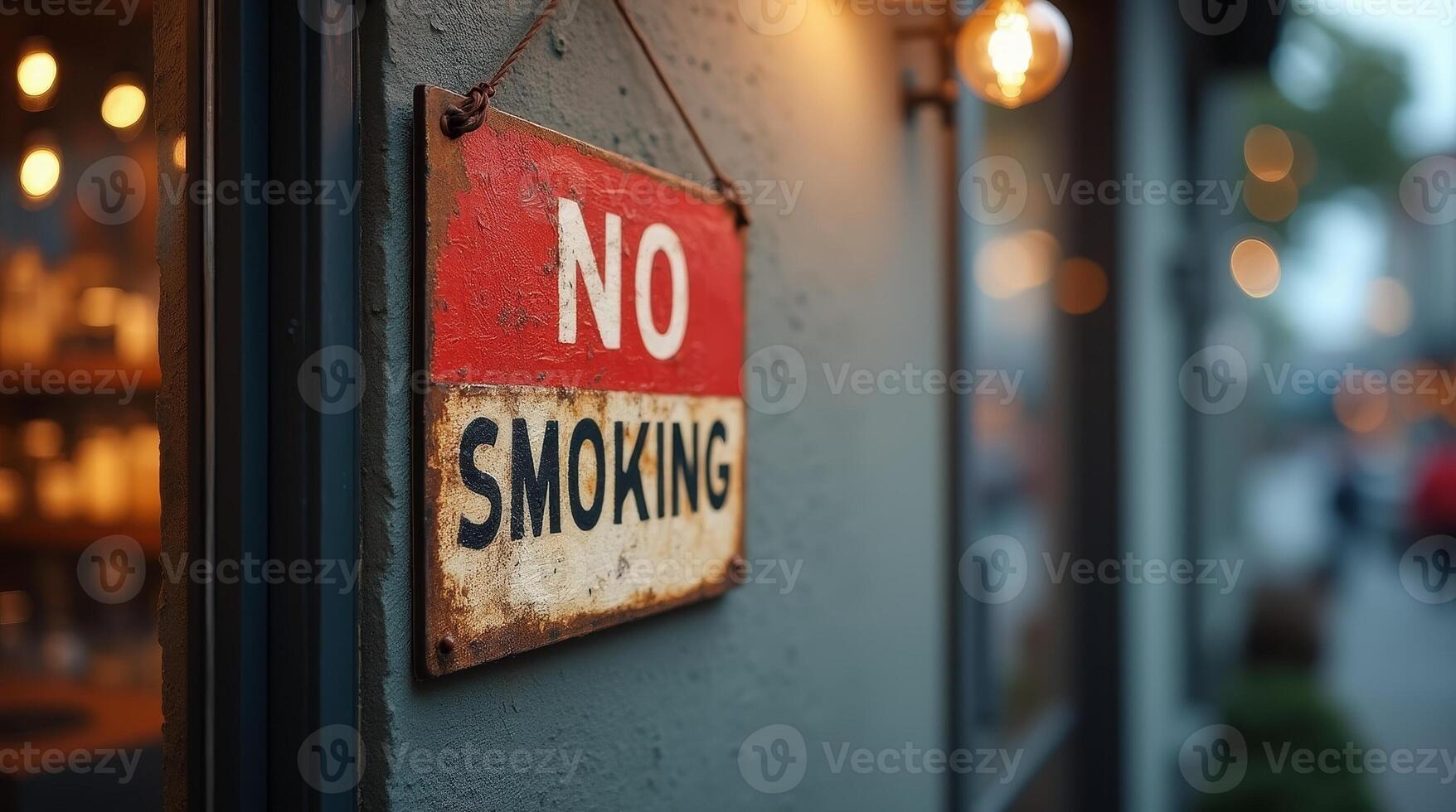 Rusty No Smoking sign with red and white background hanging outside a building, warm bokeh lights in the background photo