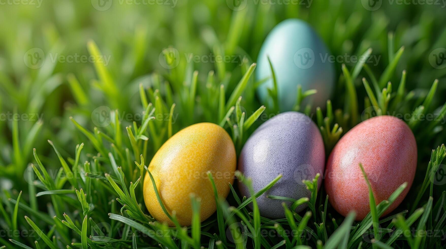 Colorful Easter eggs in pastel shades resting on green grass in sunlight. Minimalistic spring holiday concept photo