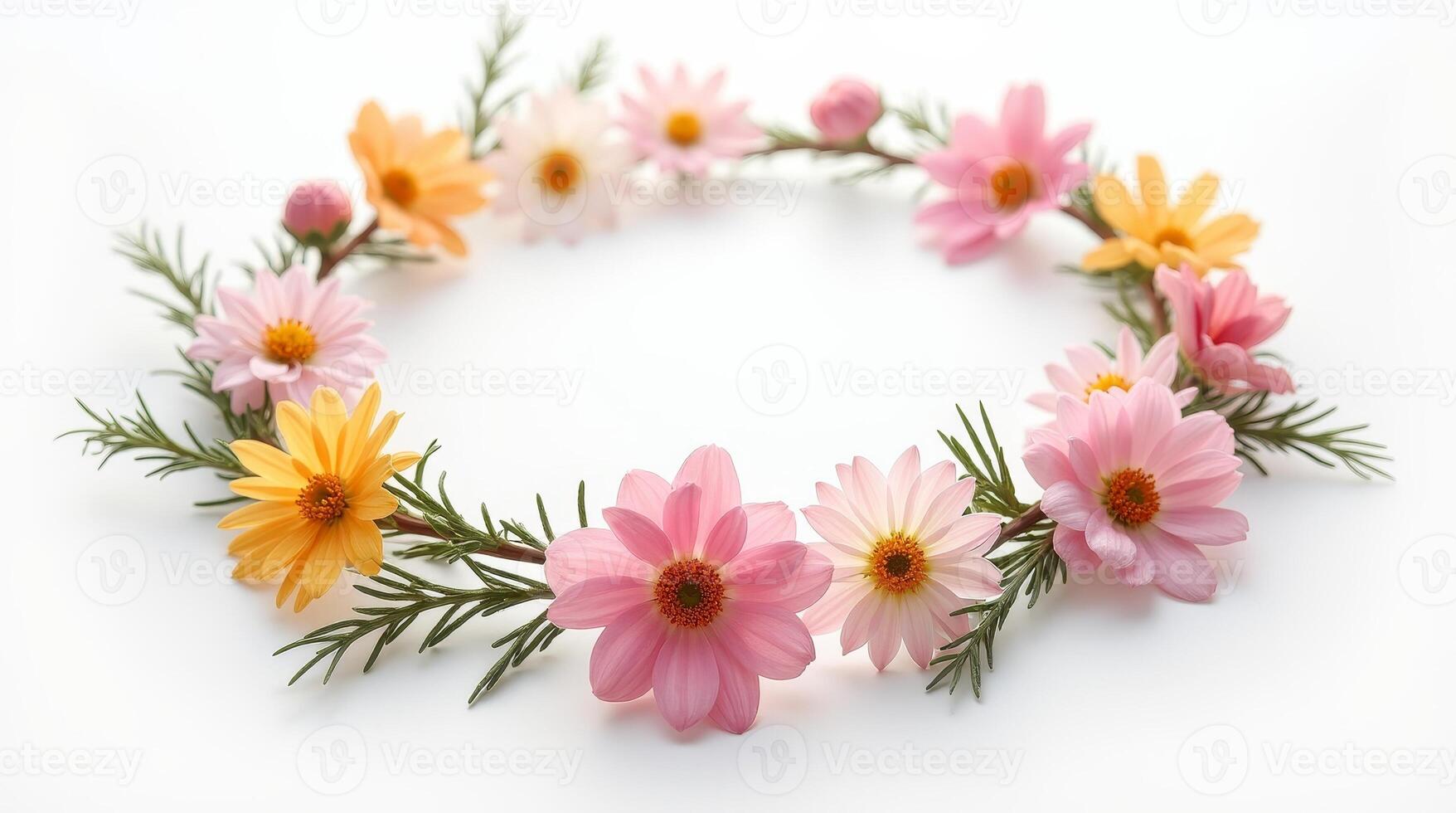 Floral wreath with pink, yellow, and white flowers on a white background. Decorative botanical frame with copy space photo
