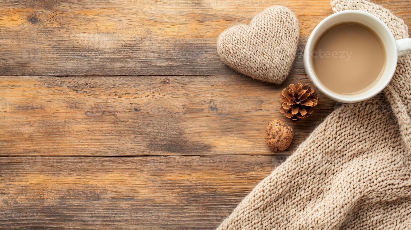 cozy scene with cup of coffee, knitted heart, pine cone, and warm scarf on rustic wooden table photo