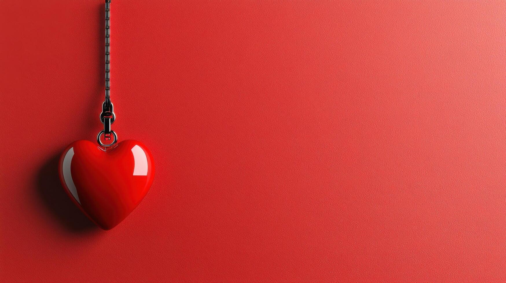 A bright red heart pendant hanging against a vibrant red background, symbolizing love and affection. Perfect for romantic themes. photo
