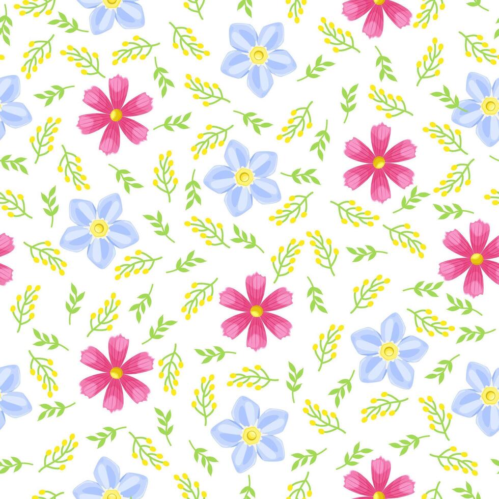 Floral seamless pattern with pink cosmo flowers and blue daisies and green leaves. Botany. vector