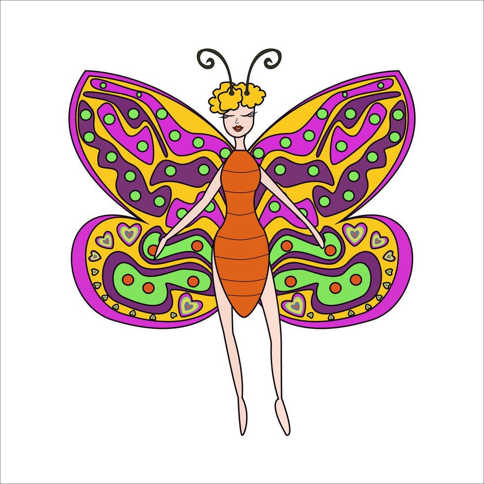 Surreal abstract woman butterfly. Psychedelic character. Wonder insect from fairytale. Faerie, sprite, pixie, fay. Children cute insect illustration vector