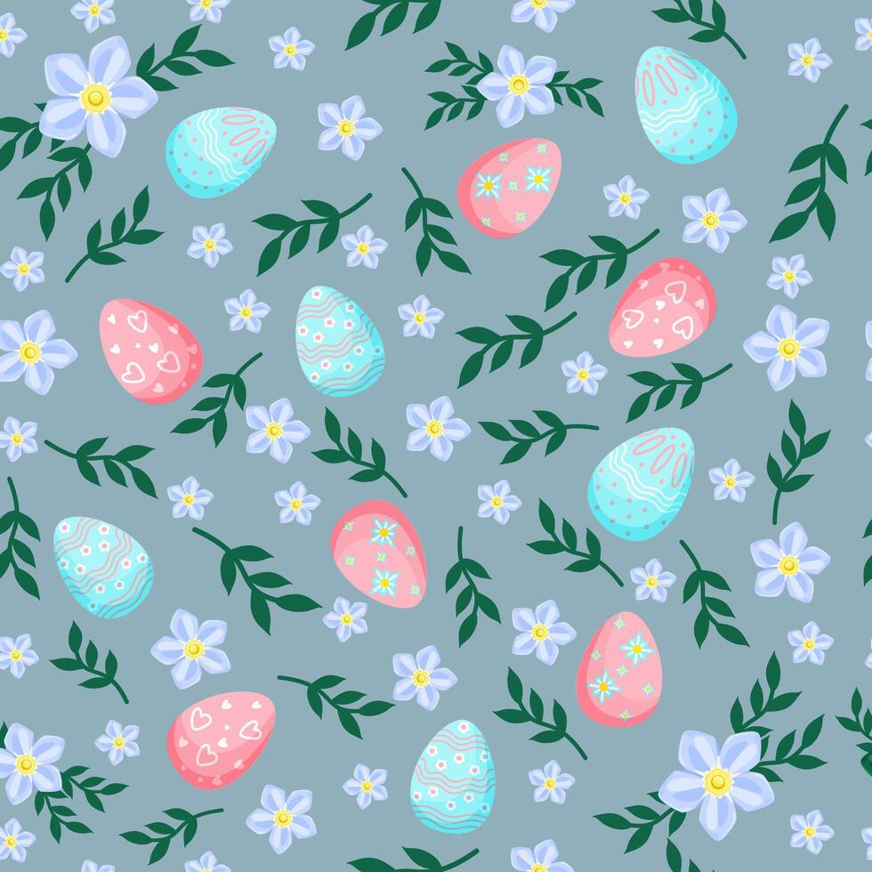 Easter seamless pattern with painted eggs, flowers and leaves on a blue background. Easter decorations. vector