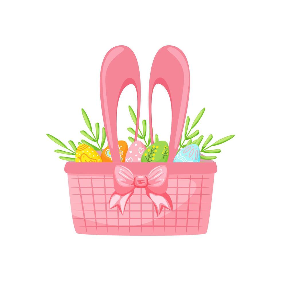 Pink basket with painted Easter eggs and green leaves. Element of religious tradition. Isolated vector