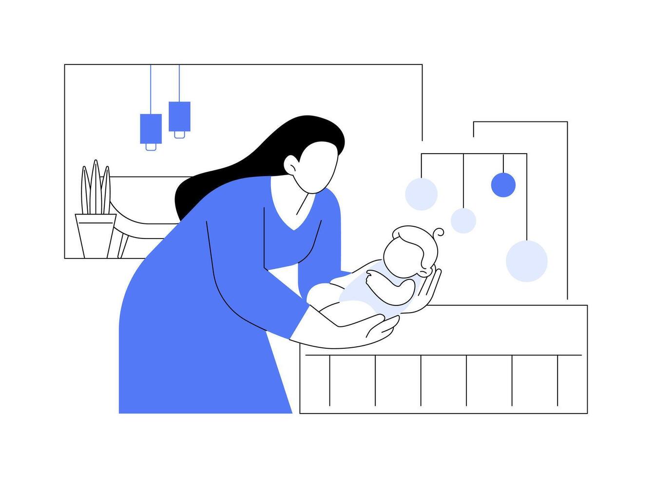 Putting a baby in bed isolated cartoon illustrations. vector