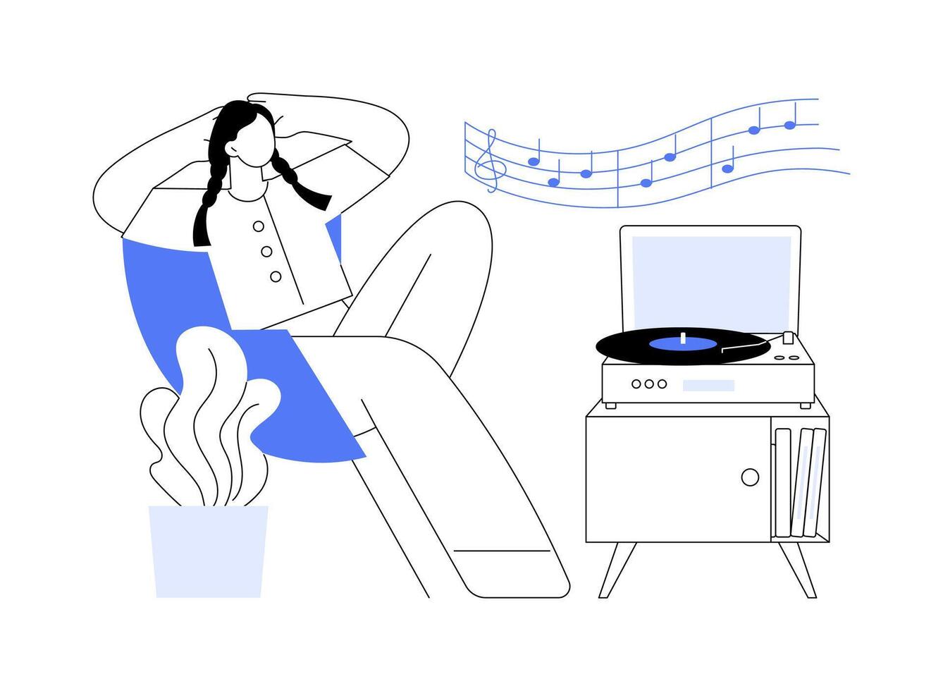 Listening to vinyl isolated cartoon illustrations. vector