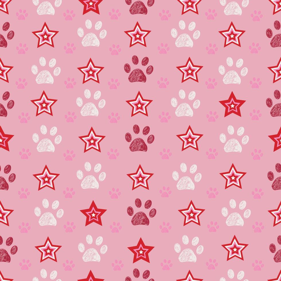 Plaid pink stars pattern with paw print vector