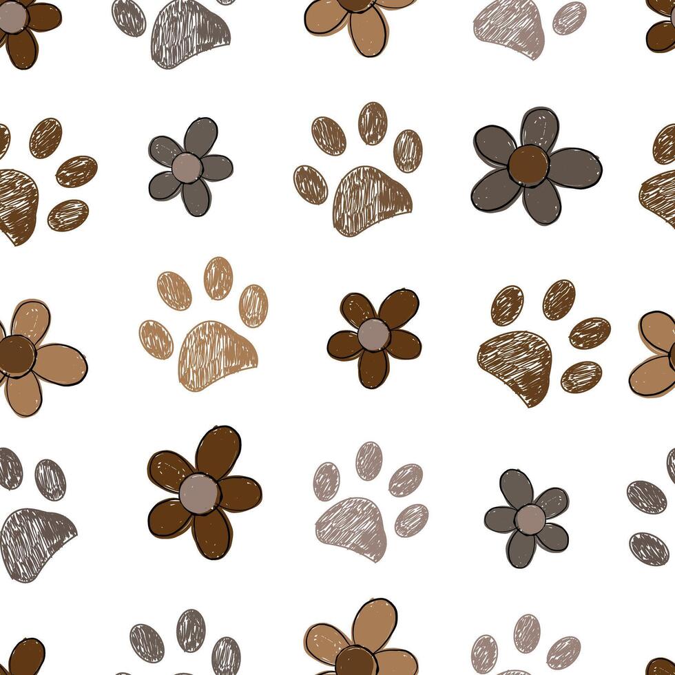 Cute brown doodle daisies and paw prints seamless fabric design pattern vector