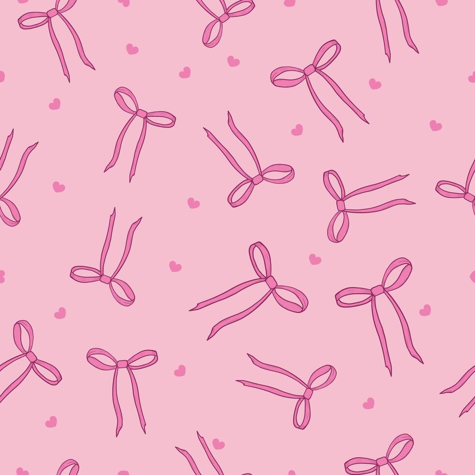 Pink cute hand drawn bow ties with small hearts. Seamless fabric design pattern vector